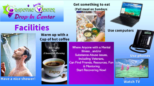 Grapevine facilities:
Shower, free coffee, something to eat, (full meal on Sundays), use of computers, phones, T.V., Pool Table etc.
Find friends, resources, fun, and mentoring.  Start Recovering now!