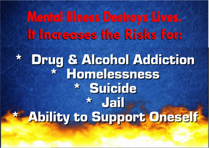 Mental Illness Destroys Lives.
It Increases the risks for:
Drug & Alcohol Addiction
Homelessness
Suicide
Jail
Ability to support oneself